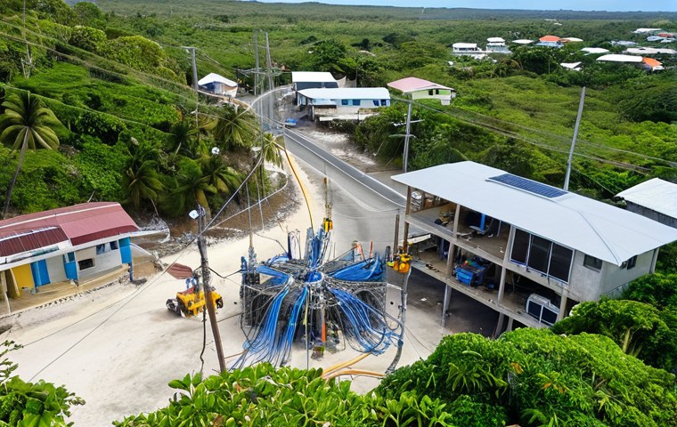 **Nauru's Internet Infrastructure**: "An aerial view of Nauru showcasing new fiber optic cables being installed, with a focus on modern technology juxtaposed against the island's natural beauty. Include elements of digital connectivity like Wi-Fi signals and people using devices in a community setting."