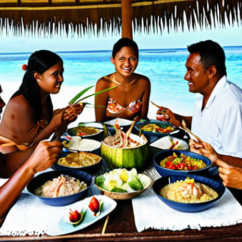 **Image Prompt:** A vibrant spread of Nauruan food featuring grilled tuna, coconut milk-based dishes, and pandanus fruit. Show a family gathered around, enjoying the meal in a traditional Nauruan setting by the ocean. The atmosphere should be warm and inviting, highlighting the communal aspect of dining.