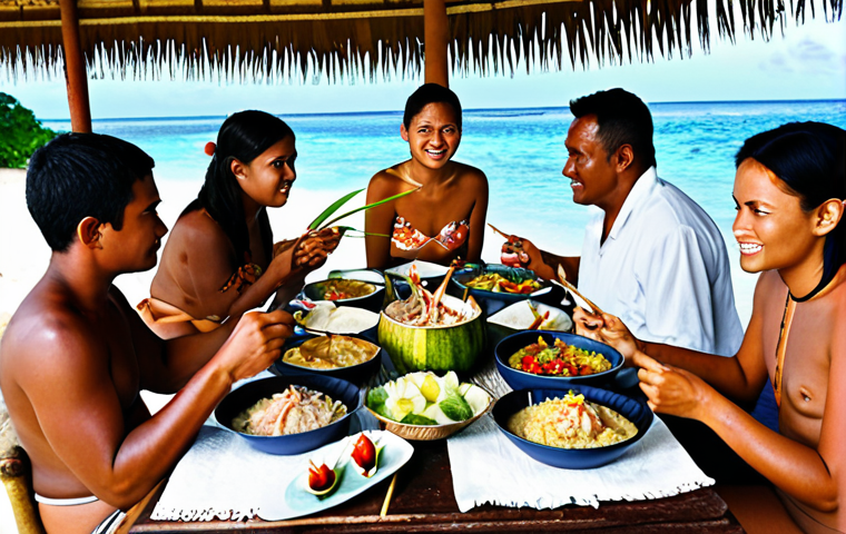 **Image Prompt:** A vibrant spread of Nauruan food featuring grilled tuna, coconut milk-based dishes, and pandanus fruit. Show a family gathered around, enjoying the meal in a traditional Nauruan setting by the ocean. The atmosphere should be warm and inviting, highlighting the communal aspect of dining.